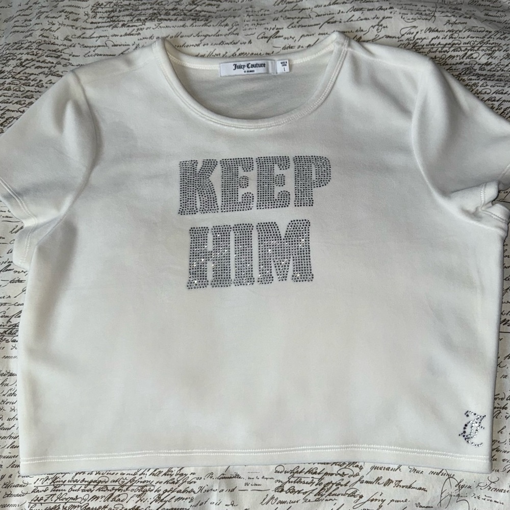 Juicy Couture “KEEP HIM” rhinestone baby tee/crop top in ivory white 🤍